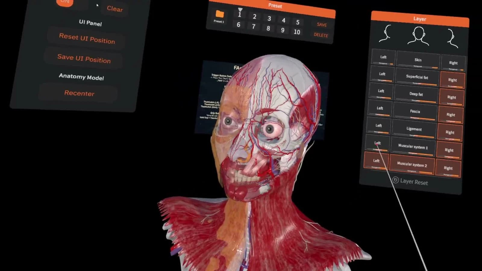 Actual FAesthetics VR interface showing facial anatomy and controls for anatomical layers